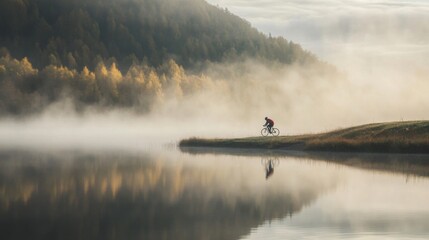 Aufkleber - A cyclist rides along the edge of a serene lake, surrounded by mist and autumn trees at dawn. The reflections in the still water enhance the peaceful atmosphere of the early morning ride.