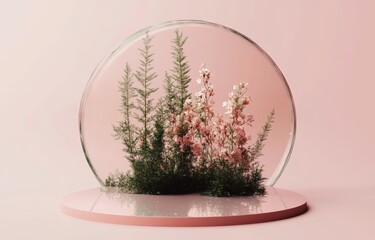 Poster - Pastel Pink Floral Display Podium with Round Glass Frame for Cosmetic Product Presentation