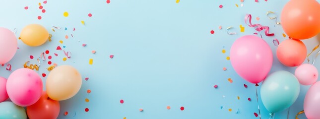 Wall Mural - Colorful Balloons and Confetti on Blue Background