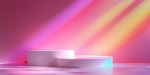 Poster - Minimalist display podiums on pink background with light shadows and reflections for cosmetic packaging mockup
