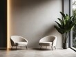 © zongyi - Modern minimalist living room with cream armchairs gray wall and green plant serene atmosphere