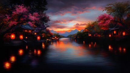 Wall Mural - Serene sunset over tranquil Asian river scene with illuminated lanterns and blossom trees.