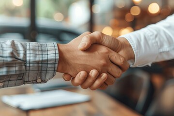 Car salesman and customer shaking hands after successful car deal in dealership office with contract on table, concept of automotive sales and trust