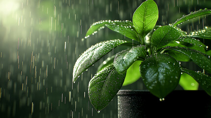 Poster - Lush green plant with raindrops, creating refreshing atmosphere