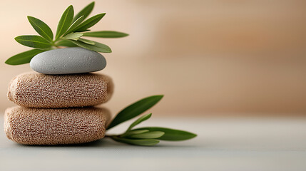 Poster - Soft towels and stones create serene wellness setting with greenery