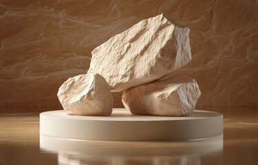 Poster - Minimalist Stone Display on Brown Background with Reflective Surface and Natural Rocks