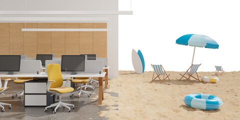 Poster - Office interior with yellow chairs and computers transitioning into beach setup with chairs, umbrella, and accessories on white background, 3D Rendering