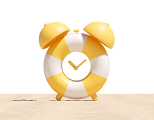 Poster - A lifebuoy-shaped clock with yellow and white stripes, set on a sandy surface, isolated on a white background. It represents a summer vacation concept. 3D Rendering.