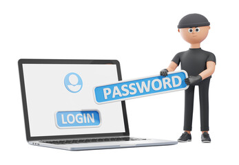 Poster - Cartoon-styled figure of thief holding a password sign near a laptop with login interface, isolated on white background. Concept of cybersecurity. 3D Rendering.