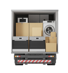 Poster - Packed household appliances and cardboard boxes arranged in the back of a delivery truck, isolated on a white background. Concept of moving. 3D Rendering.
