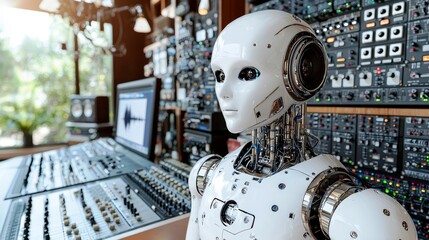 Poster - Futuristic Robot in a Modern Sound Studio with Audio Equipment