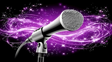 Poster - Sparkling Microphone with Vibrant Purple Background and Stars