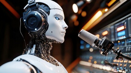 Poster - Robot with Headphones in Recording Studio Setting with Microphone
