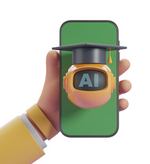 Poster - Hand holding smartphone with AI robot wearing graduation cap, 3D illustration, isolated on white background, concept of AI education. 3D Rendering.
