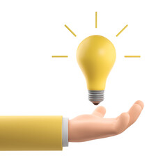 Poster - Hand holding glowing yellow bulb on white background, isolated, showcasing creativity and innovation concept in a clean style. 3D Rendering