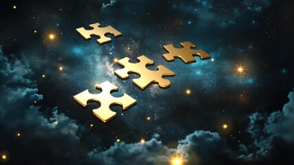 Wall Mural - Golden puzzle pieces connecting in space creating a path