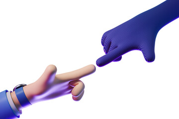 Poster - A human hand and a striped digital hand touch fingertips, emphasizing connection and technology, on a white background. Concept of virtual reality. 3D Rendering.