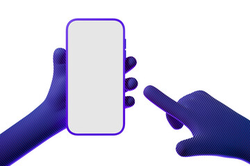 Poster - Hands holding a smartphone with an empty screen, one finger pointing, minimalist design with blue gradient, white background, app layout concept. 3D Rendering.
