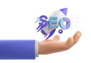 Poster - A 3D illustration of a hand holding SEO elements, including a rocket, magnifying glass, and pie chart, on a clean white background. Concept of optimization. 3D Rendering.