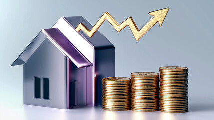 House price increasing, golden upward arrow and stacked coins symbolizing investment growth