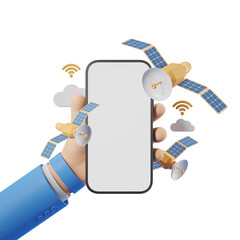 Poster - A smartphone mockup held by a hand, featuring satellites with solar panels and cloud icons around it, on a white background. Concept of connectivity. 3D Rendering.