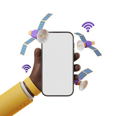 Poster - Smartphone screen mockup held by hand, surrounded by satellites and Wi-Fi symbols, isolated on white background. Concept of connectivity and technology. 3D Rendering.