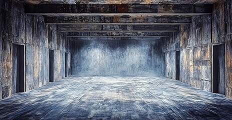 Poster - Grungy Industrial Interior Space with Dark Wooden Walls and Floor