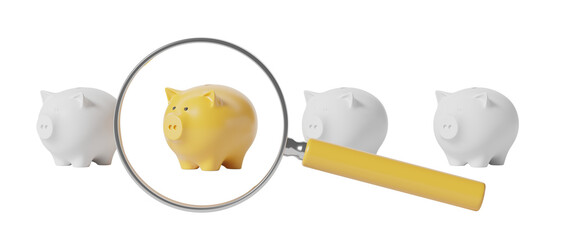 Poster - Yellow piggy bank under magnifying glass, surrounded by white piggy banks, isolated on white background. Concept of focus, selection, saving. 3D Rendering.