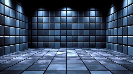 Poster - Empty Dark Room with Illuminated Blue Walls and Reflective Floor
