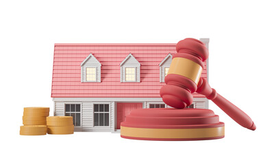 Poster - Model house with red roof, coins, and gavel on white background, 3D rendering. Concept of mortgage, property auction, and financial sale