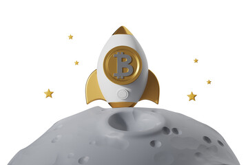 Poster - A golden Bitcoin rocket standing on a gray moon surface, surrounded by stars, isolated on white background. Concept of new crypto business launch. 3D Rendering.