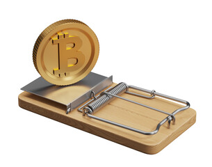 Poster - Golden Bitcoin coin placed on a metal and wooden mouse trap, isolated on a white background. Concept of risk, cryptocurrency, and financial traps. 3D Rendering.