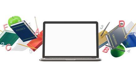 Poster - blank laptop screen surrounded by colorful books, pencils, and alphabet letters, isolated on white b