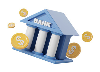 Poster - Blue bank building with white columns surrounded by golden dollar coins, isolated on a white background. Concept of banking and finance. 3D Rendering.