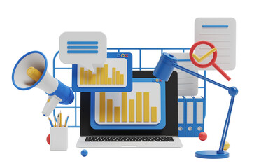 Poster - Business tools and communication elements like a laptop, graphs, lamp, megaphone, and folders displayed in 3D rendering on a white background. Concept of productivity and communication