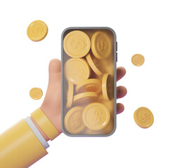 Poster - Hand holding smartphone showcasing golden coins with dollar signs, isolated on white background. 3D Rendering. Concept of digital currency