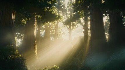 Aufkleber - Sunlight filtering through trees in a lush forest natural landscape photography