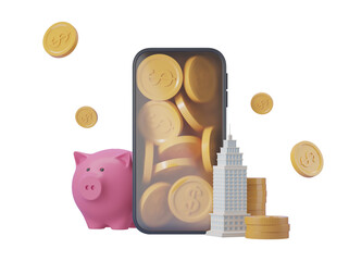 Poster - Pink piggy bank, smartphone filled with coins, and a model building on white background, symbolizing savings, investment, and digital banking. 3D Rendering.