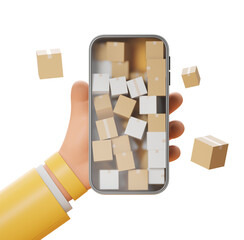 Poster - Hand holding a smartphone displaying floating cardboard boxes, isolated on a white background. Concept of online delivery and logistics. 3D Rendering.
