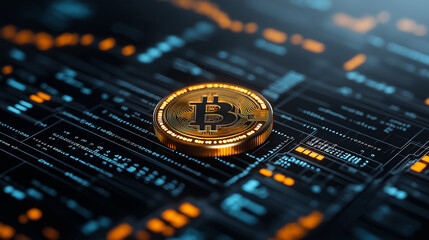 Poster - glowing cryptocurrency coin on digital background, symbolizing finance