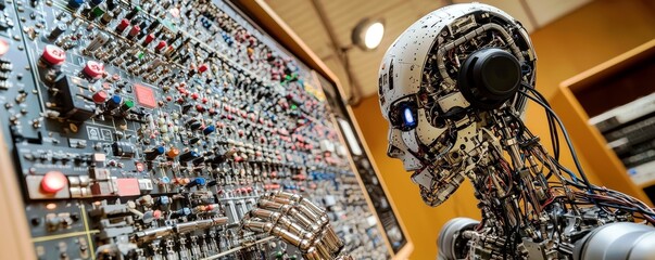 Poster - Futuristic Robot Interacting with Vintage Audio Equipment in Studio