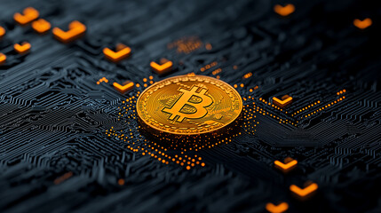 Poster - digital art depiction of cryptocurrency coin on circuit board