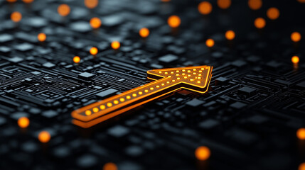 Poster - Digital art of upward arrow on circuit board background, symbolizing growth