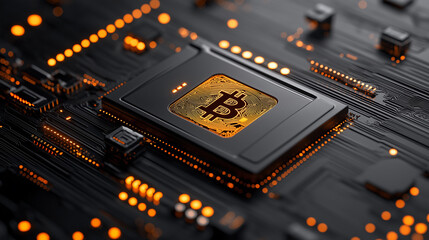 Poster - close up of futuristic circuit board featuring Bitcoin symbol, showcasing technology and finance