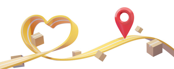 Poster - Yellow road looping into heart shape with cardboard packages, red location marker, isolated on white. 3D Rendering, concept of delivery tracking