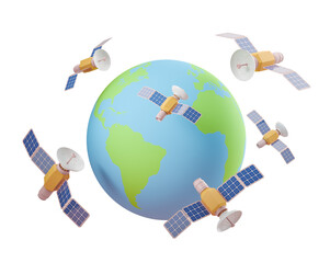 Poster - Earth surrounded by satellites with solar panels and antennas, isolated on white background, 3D Rendering, concept of global communication