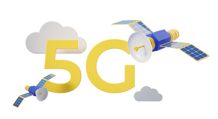 Aufkleber - Yellow 5G text with blue satellites and clouds, isolated on white. 3D Rendering. Represents advanced technology and communication