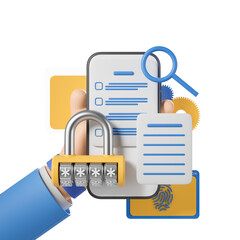 Poster - Smartphone with checklist, lock, and magnifying glass on white background. 3D rendering of data privacy, security, and mobile technology concepts