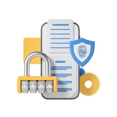 Poster - Mobile phone with a combination lock, shield with a fingerprint, and gears on a white background. 3D rendering of cybersecurity concept