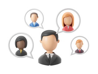 Poster - Cartoon-style 3D-rendered human figures in speech bubbles symbolizing communication and networking. Isolated on a clean white background. 3D Rendering.